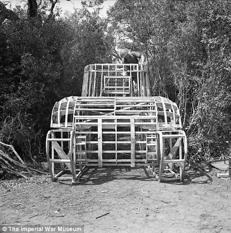A dummy Sherman under construction by 6 Field Park Company, Royal Engineers, in the Anzio bridgehead on 29 April 1944.