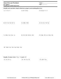 Worksheet: Simplifying Variable Expressions - Like Terms - Distributive ...