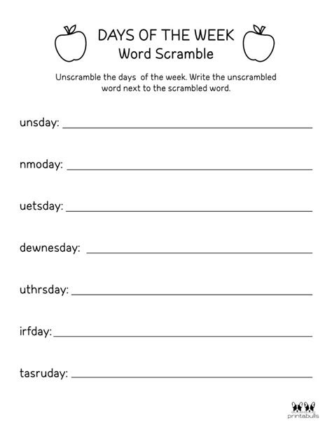 days of the week worksheets