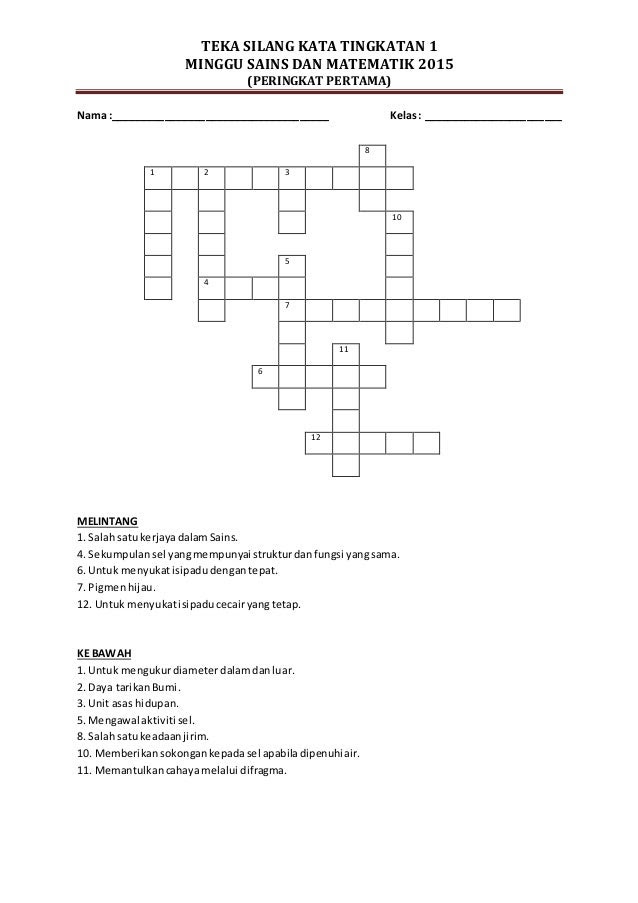 TEKA SILANG KATA MINGGU SAINS TINGKATAN 1