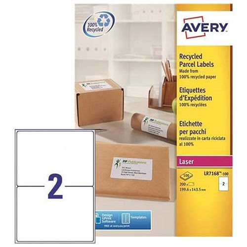 Avery Recycled Laser Addressing Labels / 2 per Sheet / 199.6x143.5mm / White / LR7168-100 / 200 ...