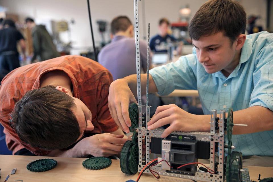 Students Brad Bedarian (left) and Ross Carboni worked on a robotics project at the modern Franklin High School (DAVID L RYAN/GLOBE STAFF)