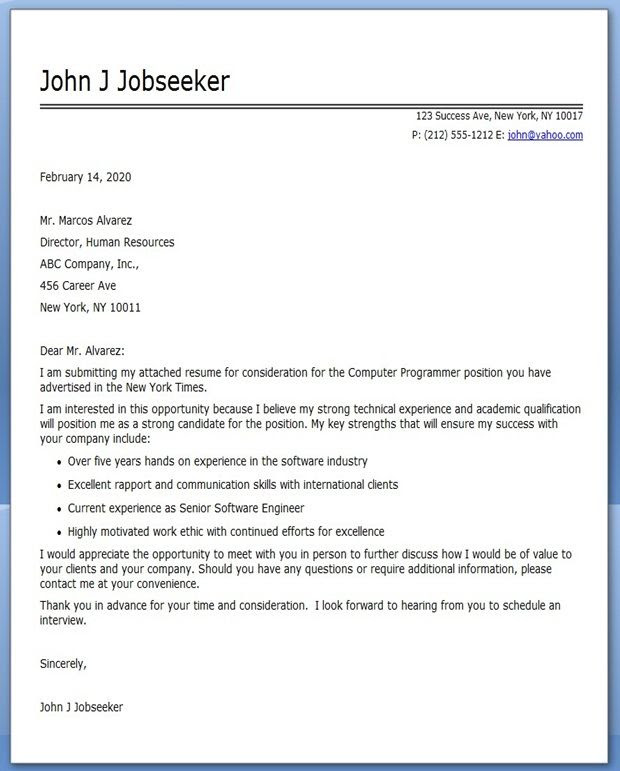 Application Letter Sample: Cover Letter Sample Programmer