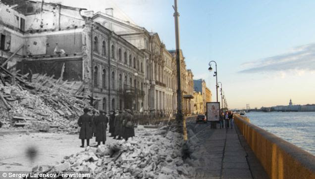 War and peace: The Palace Embankment in Leningrad was a scene of destruction in 1941 - but 71 years later, it glistens in sunshine as one of St Petersburg's most picturesque riverside settings
