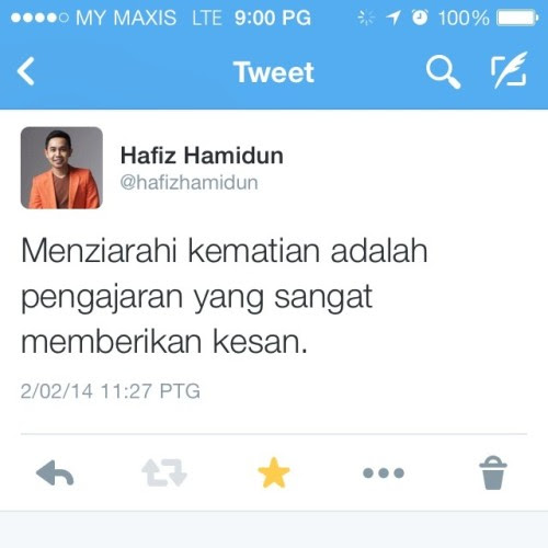 kehalusankelembutan:

Dengar berita kematian pun cukup menggetar jiwa.
Terkenang dosa yang melambung tinggi.
Mati itu pasti.
mengingati kematian bukan bermusim
:(