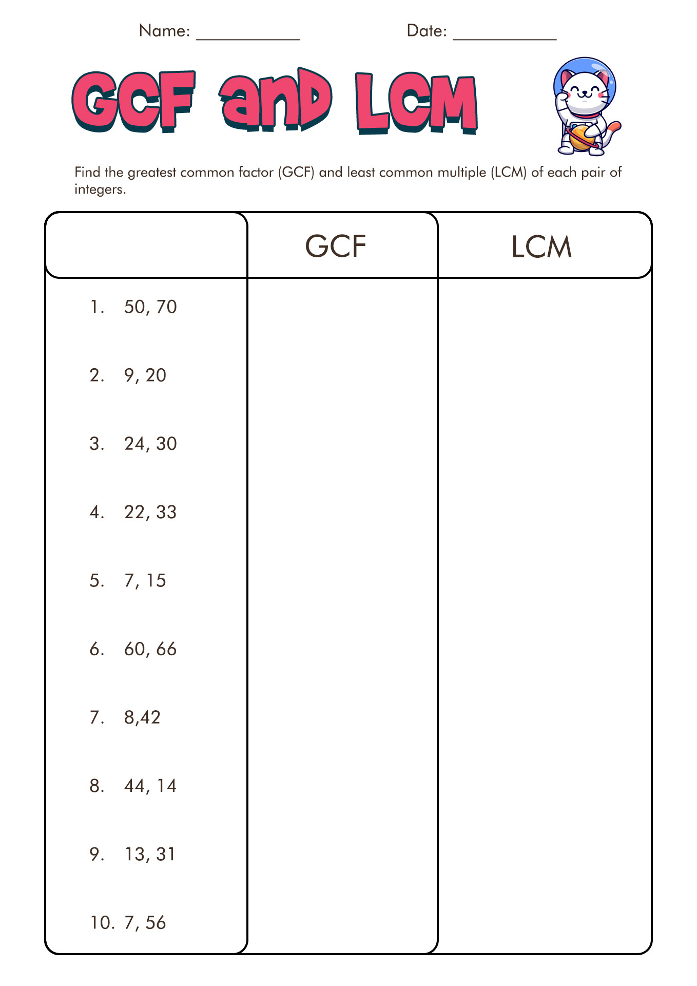 Math worksheets for lcm and gcf