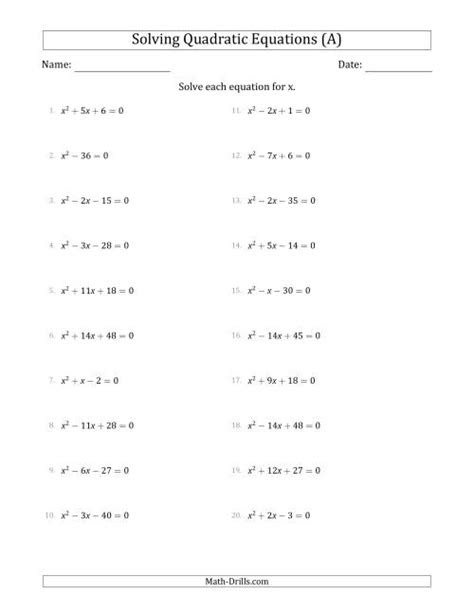 This makes the process similar to factoring quadratic . 2 free printable math worksheets quadratic equations
