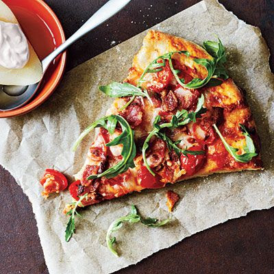 Cooking Light Bacon, Tomato, and Arugula Pizza