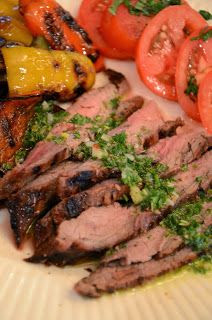StoneGable: grilled balsamic flank steak with chimichurri sauce.. served over greens