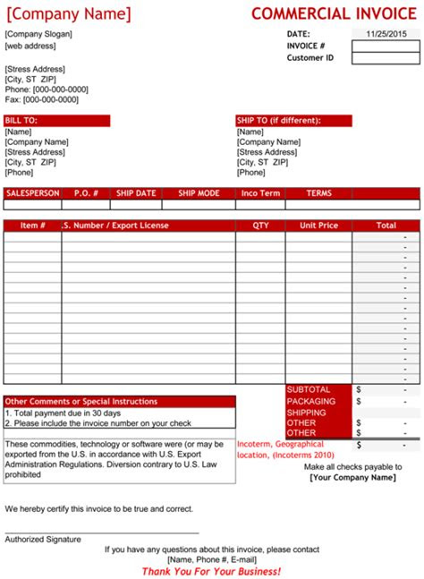  commercial invoice template for your needs