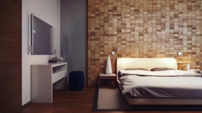 A blanket of rough wood block looks superb against the smooth contrast of glossy furniture materials in this space. The naturally occurring mixture of dark and light wood grain provides an undulating effect, making the wall appear to have movement in its warmth.