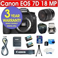Canon EOS 7D 18 MP Digital SLR Camera with Canon EF-S 18-55mm IS Lens + High Capacity Li-Ion Battery + 8 GB Memory Card + 6 Piece Accessory Kit + Camera Holster Case + Multi-Coated Glass UV Filter + Multi-Coated Glass Polarizer Filter + 3 Year Warranty Repair Contract