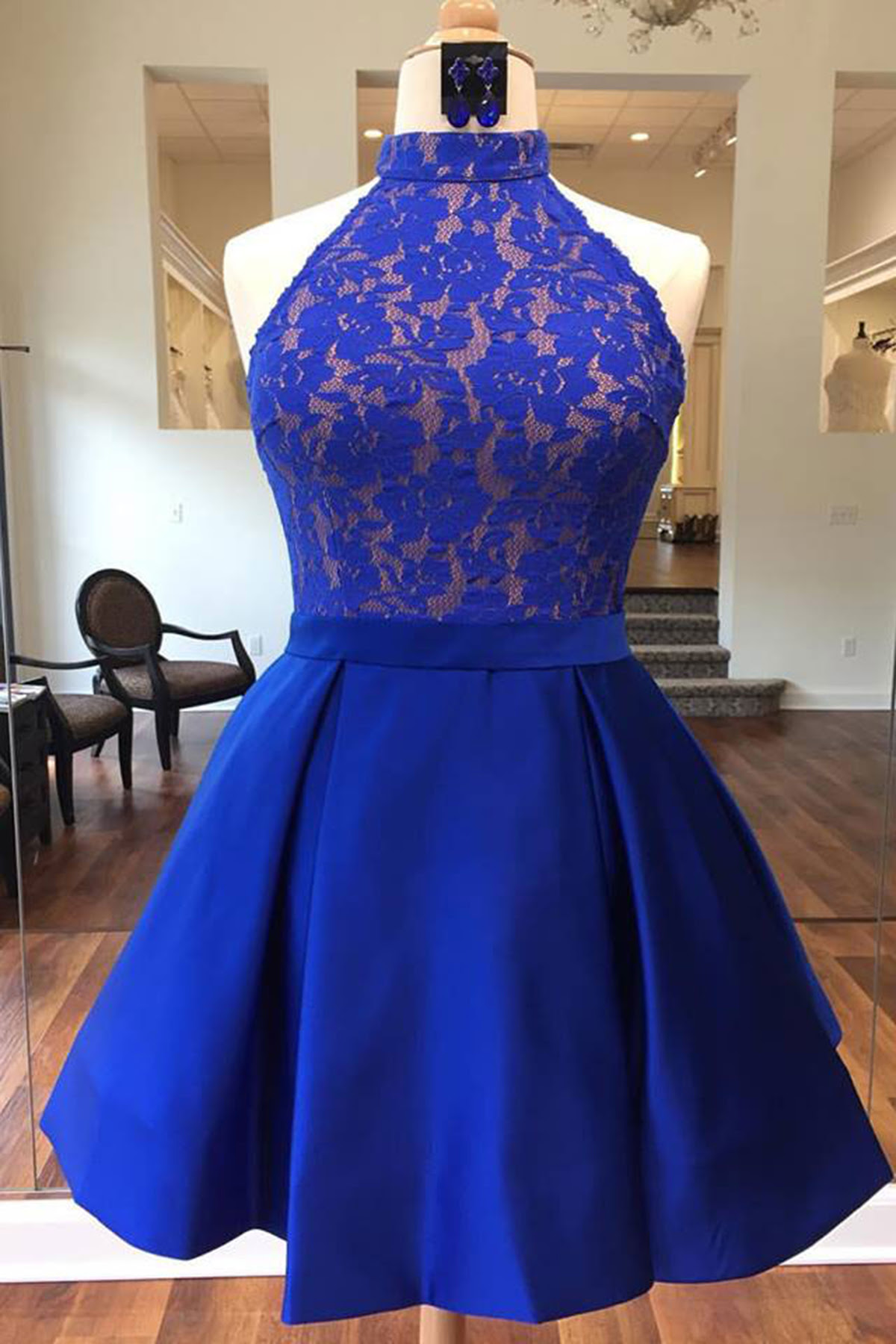 Royal blue satin short lace bridesmaid dress halter prom Royal blue satin short lace bridesmaid dress halter prom