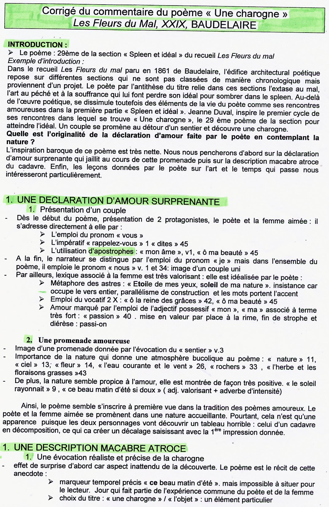 Commentaires De Texte Du Poeme De Baudelaire La Charogne 2nde Francais