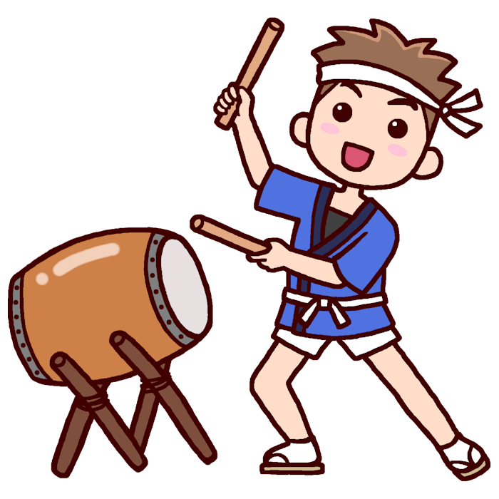 法被で太鼓 カラー 夏祭りの無料イラスト 夏の季節 行事素材