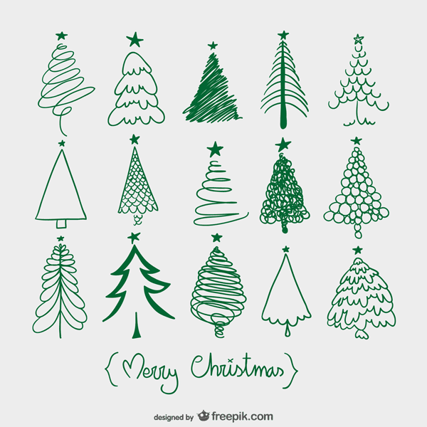 フリー素材 クリスマスツリーをアウトラインで描いたスケッチ風ベクターイラスト