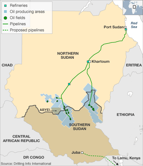 Map showing position of oilfileds in Sudan, source: Drilling info international