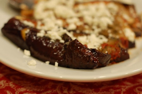 Woodstove Baked Eggplant With Tomatoes, Pesto & Feta by Eve Fox, the Garden of Eating blog, copyright 2013