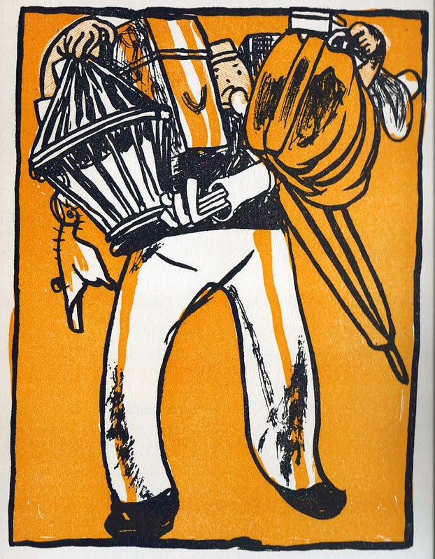 colour book illustration of fully-laden station porter