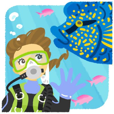 スキューバダイビング 女性とナポレオンフィッシュ の無料素材 イラスト沖縄 おきなわ