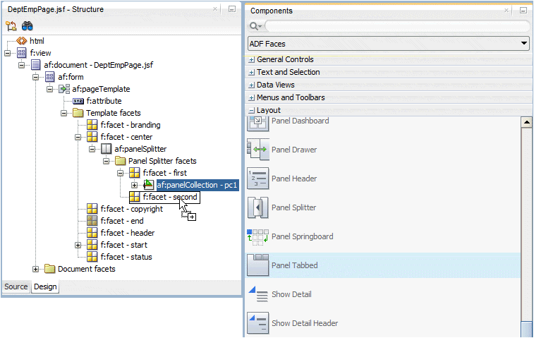 Component Palette with Panel Tabbed component selected and being dragged onto second facet in the Structure window.