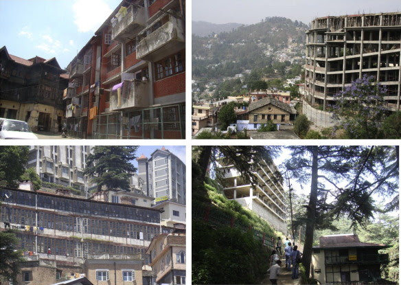Development of new building in contrast to existing buildings in hill towns.