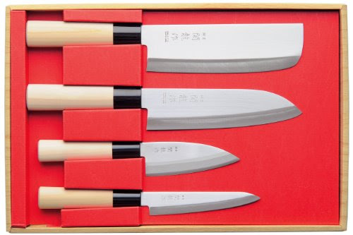 Knife Set Japan SekiRyu Nakiri, Santoku, small Deba + all-purpose Knife incl. one japanese whetstone #800