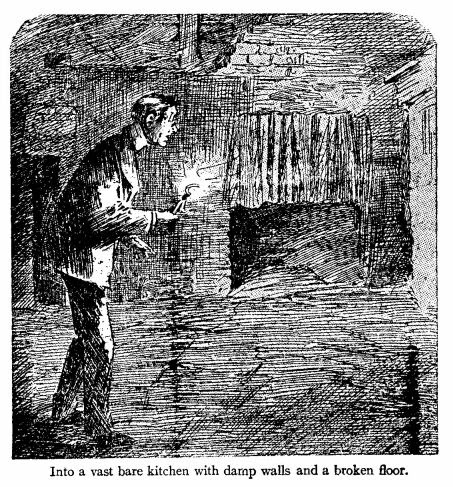 into a vast bare kitchen with damp walls and a broken floor. An illustration for the short story The Toll-House by W.W. Jacobs