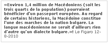 Πλαίσιο κειμένου: «Environ 1,4 million de Macédoniens (soit les trois quarts de la population) pourraient bénéficier d'un passeport européen. Au regard de certains historiens, la Macédoine constitue l'une des marches de la nation bulgare. La langue macédonienne ne serait d'ailleurs rien d'autre qu'un dialecte bulgare.»! Le Figaro 12-8-2010