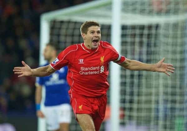 LEICESTER, ENGLAND - Tuesday, December 2, 2014: Liverpool's captain Steven Gerrard celebrates scoring the second goal against Leicester City during the Premier League match at Filbert Way. (Pic by David Rawcliffe/Propaganda)