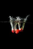Colored red paprika in water splashes on black background