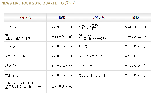 News Live Tour 16 Quartetto グッズ詳細 そわそわとキラキラの向こう側