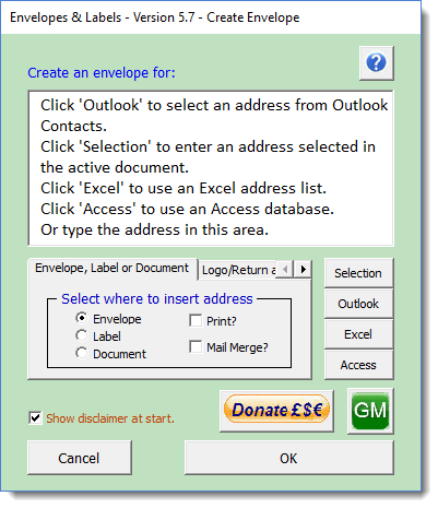Envelope or label add-in for Word