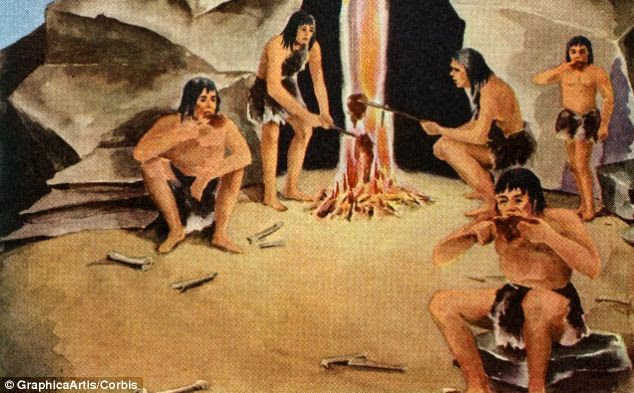 While previous research has suggested that humans got the melodic part of our language from birds, U.S. experts now think that we evolved the content-carrying part of our speech from primates. A screen print showing a family of prehistoric cave dwellers is pictured
