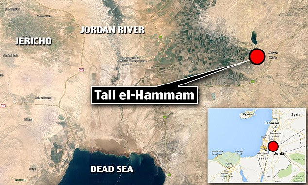 The team believes the city they have discovered must be Sodom because evidence suggests it thrives on the banks of the river Jordan (location marked) and was an important trade route, as described in the Bible.