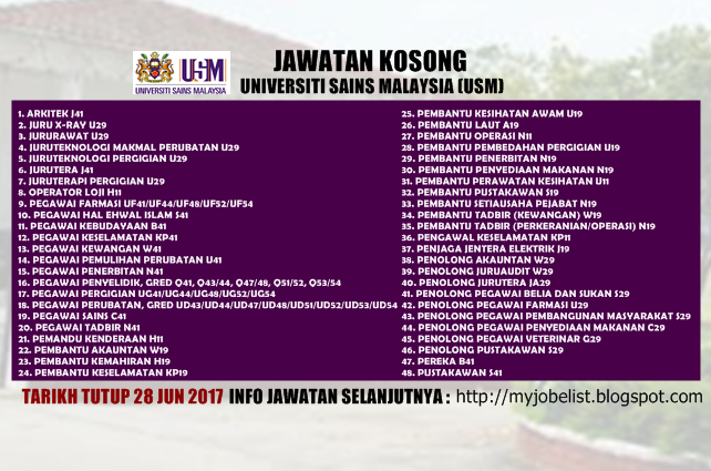 Jawatan Kosong di Universiti Sains Malaysia (USM) Jun 2017