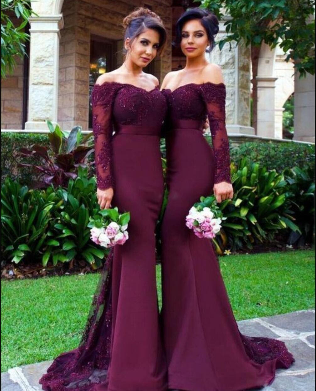 Long sleeve lace prom dress, Purple Mermaid prom dresses 