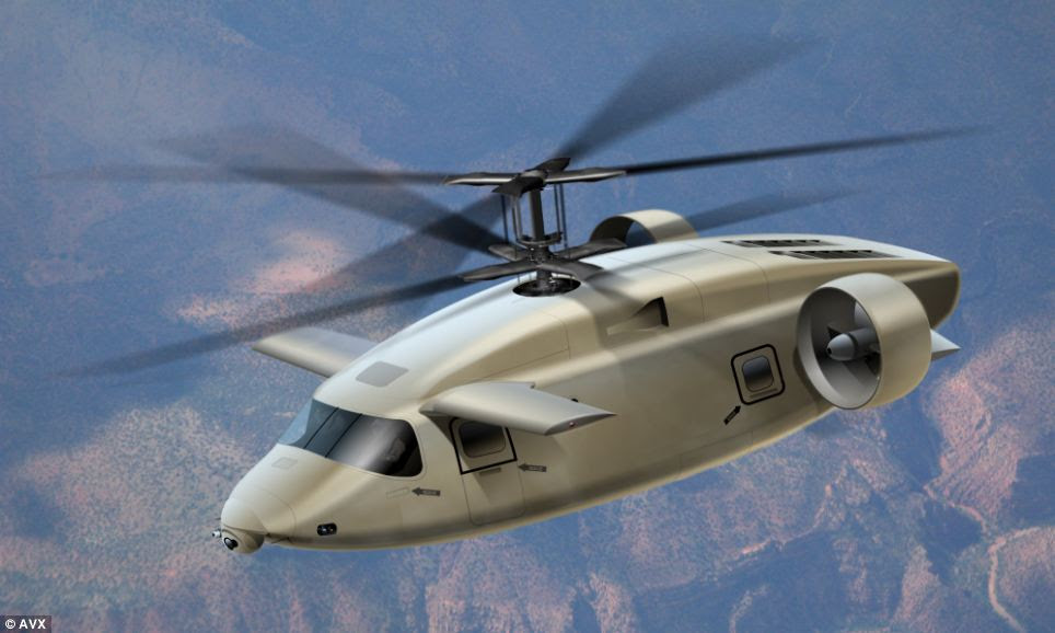 The AVX chopper entry is what¿s called a compound coaxial helicopter. It has a pair of rotors spinning in opposite directions on top of the carbon-fiber fuselage to lift it, and two fans at its rear end to push it.