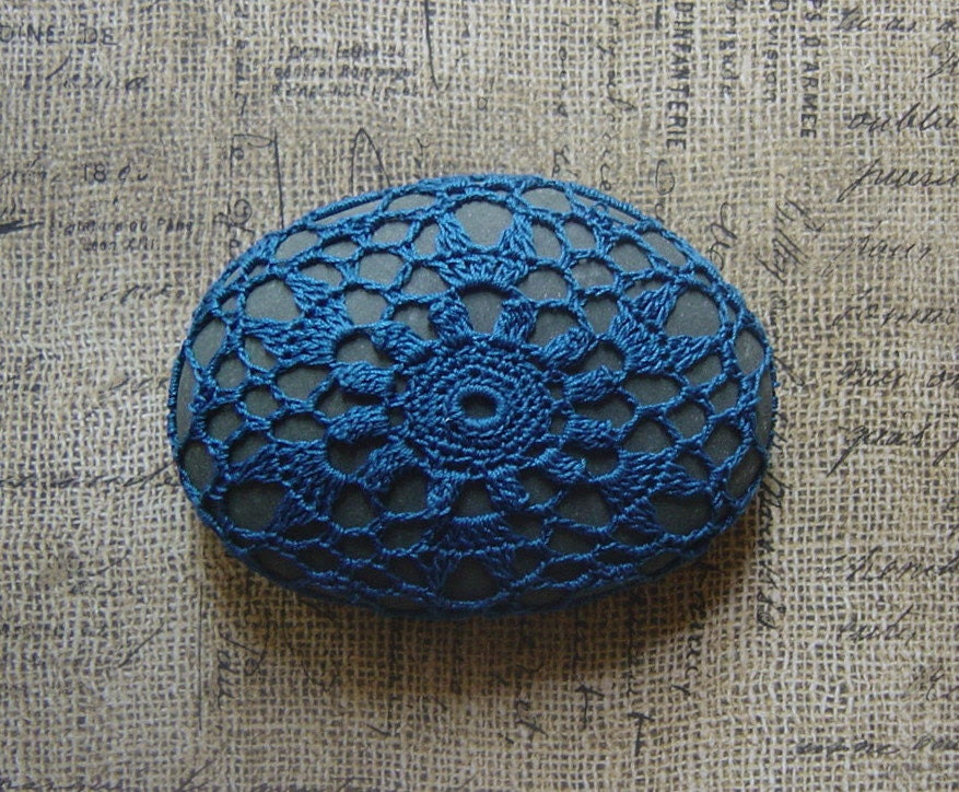 Crocheted Lace Stone, Bright Blue Thread on Gray Oval Stone, Handmade by Monicaj - Monicaj