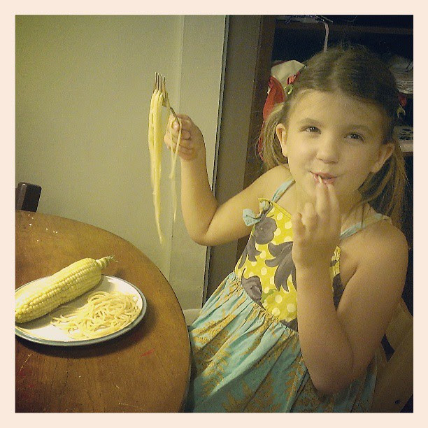 Minor miracle...someone ate pasta and corn on the cob! Parents of extreme picky eaters, take heart! :-)
