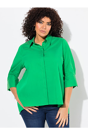 Blusa camisera, pliegue en la espalda, forma en A, cuello camisero, mangas 3/4