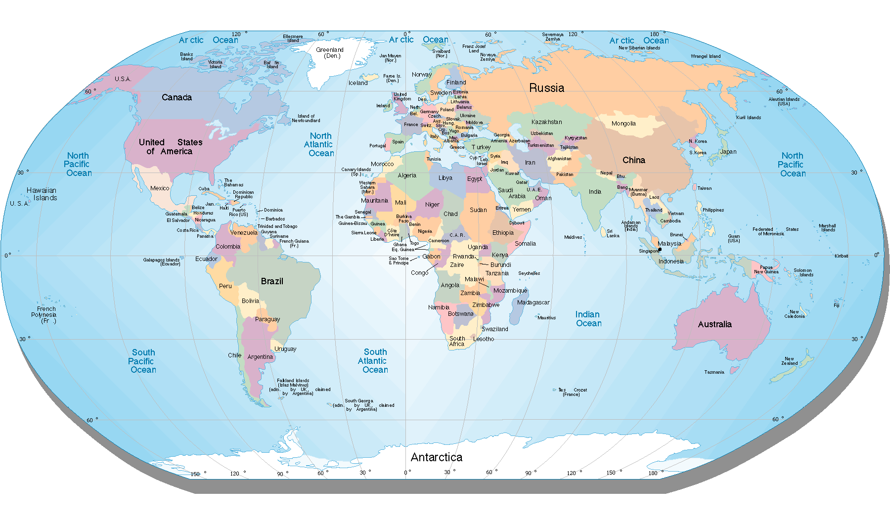 Peta dunia yang membagi menjadi lima benua, yitu Eropa, Asia, Australia, Afrika, Amerika, dan Antartika.