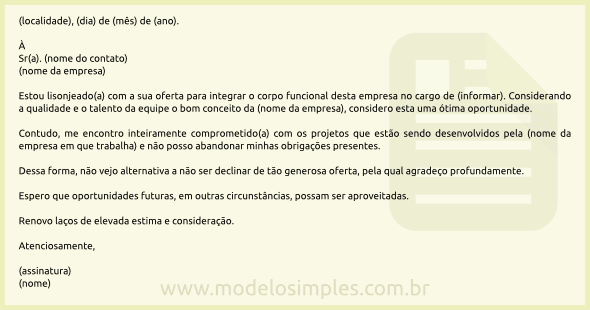 Modelo de Carta de Recusa de Oferta de Emprego