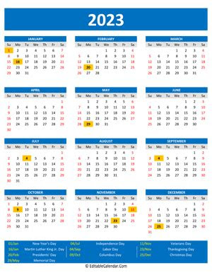 2023 on one page (horizontal holidays in red) calendar. 2023 printable calendar with holidays portrait orientation
