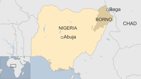 Map of Nigeria showing the town of Baga in Borno state - 4 January 2015