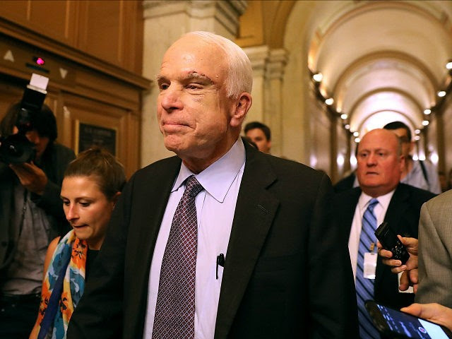 WASHINGTON, DC - JULY 28: Sen. John McCain (R-AZ) leaves the the Senate chamber at the U.S. Capitol after voting on the GOP 'Skinny Repeal' health care bill on July 28, 2017 in Washington, DC. Three Senate Republicans voted no to block a stripped-down, or 'Skinny Repeal,' version of Obamacare reform. (Photo by Justin Sullivan/Getty Images)