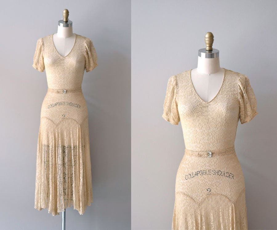 1920's / 1930's wedding gown ecru silk lace vintage bridal dress with v-cut neckline and rhinestone belt