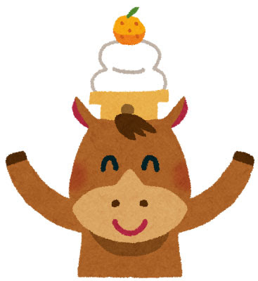 無料素材 頭に鏡餅を乗せた馬のイラスト 可愛い笑顔が楽しい年賀状デザインにぴったり