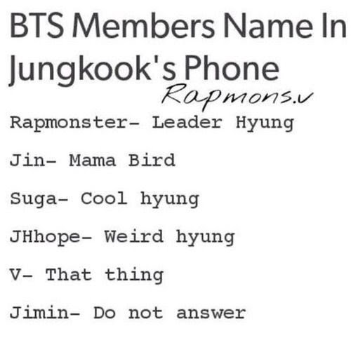 BTS members names in jungkook's phone 😂😂 ARMY's Amino