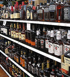 Bourbon whiskeys offered at a liquor store in ...